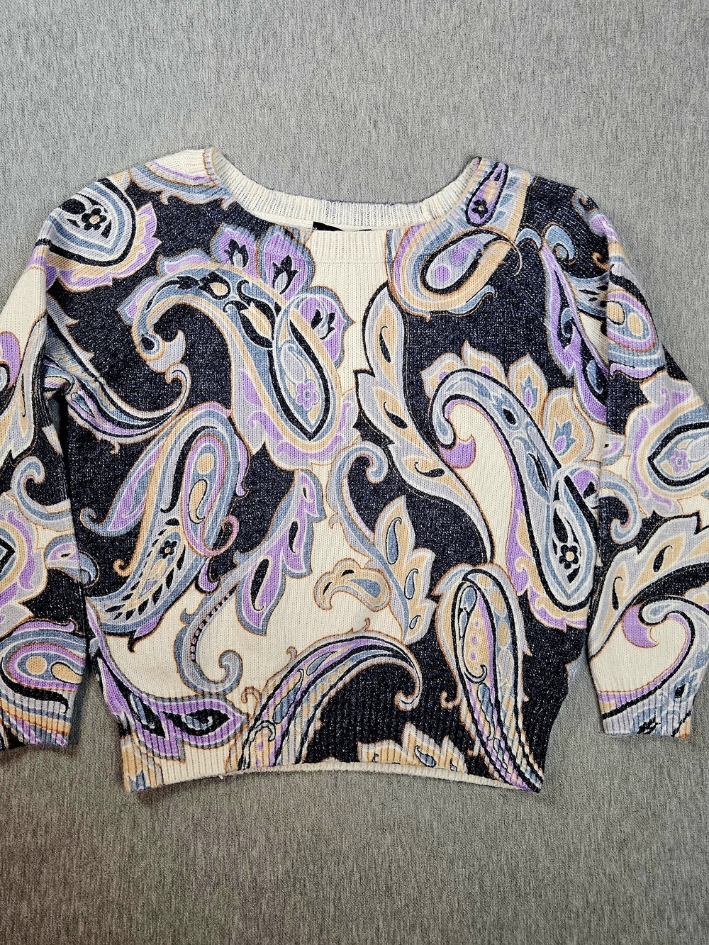 Ann Taylor Paisley Knit Sweater Cream Lavander Gray 3/4 Sleeve Size M